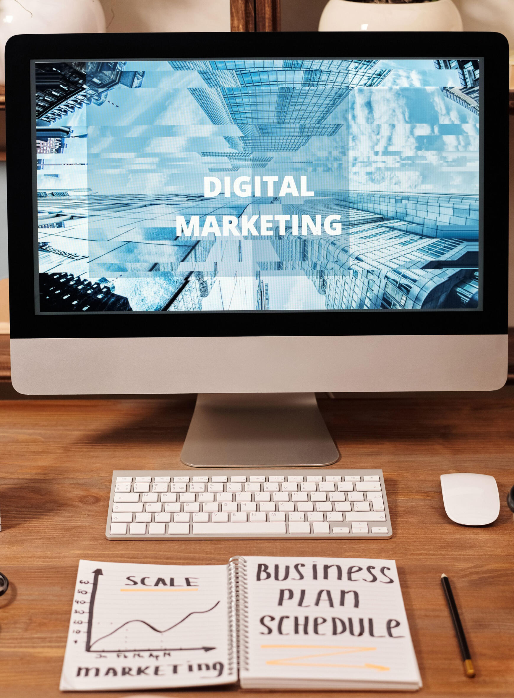 Image by Mikael Blomkvist on Pexels Desktop with Digital Marketing title